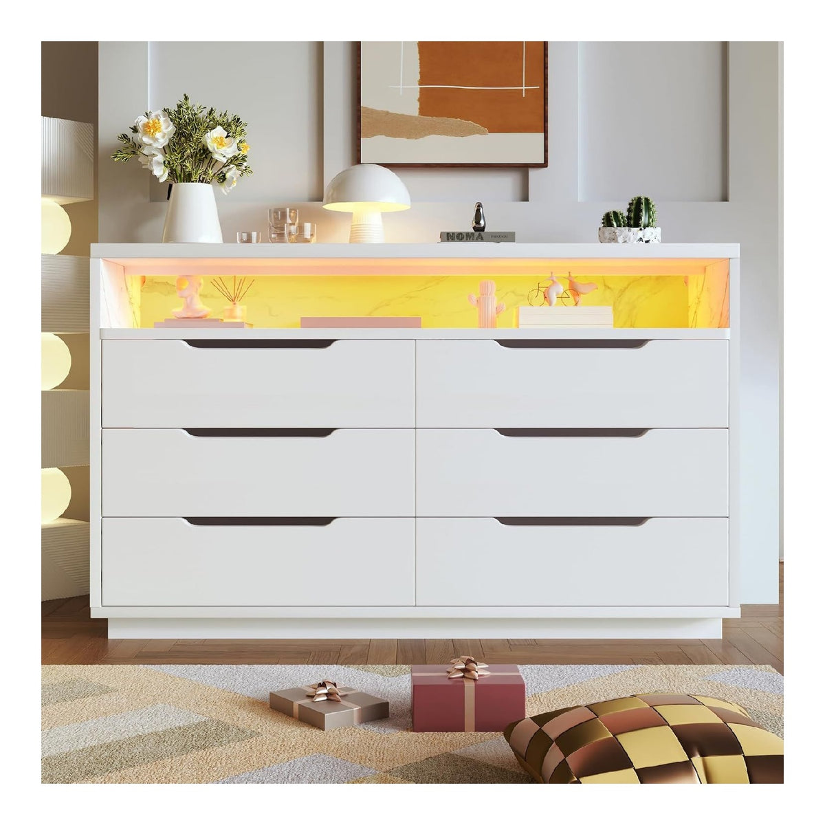 ANIROY Sideboard, Kommode mit LED und 6 Schubladen, Moderner Schrank fur Wohnzimmer und Schlafzimmer, 120x40x85cm (Wei A)