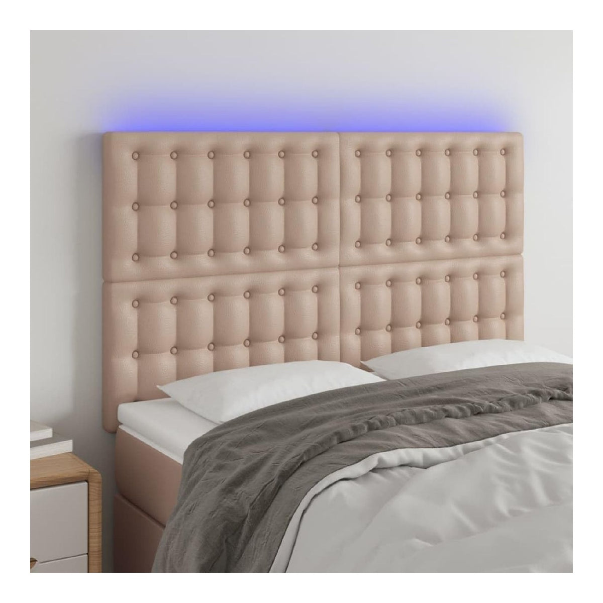 LED Bettkopfteil, Cappuccino, 144x5x118/128 cm, Kunstleder, hohenverstellbar, LED Streifen schneidbar, perfekte Ruckenstutzung, leicht zu reinigen