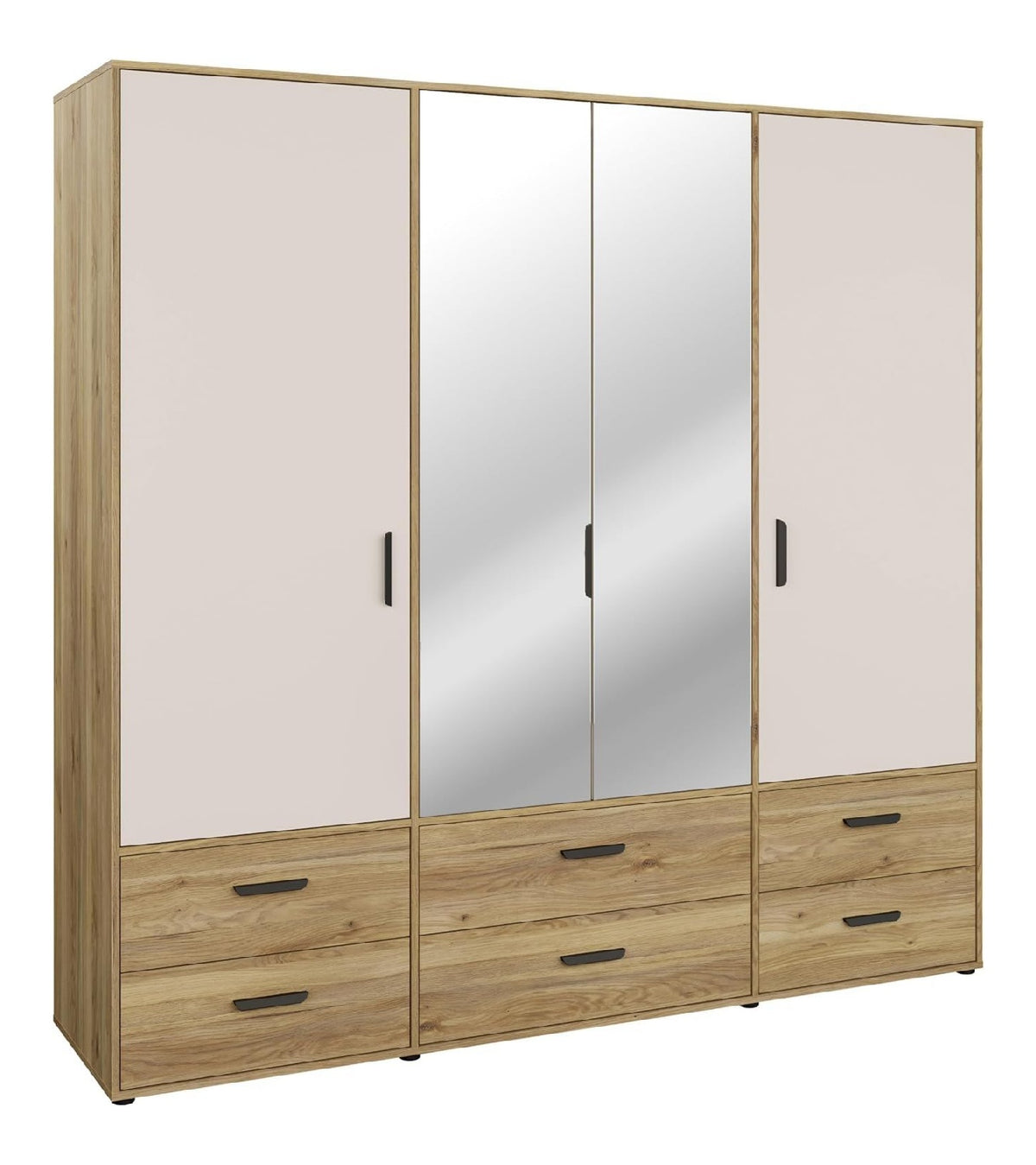 MOKKARO Kleiderschrank 200, moderner Drehturenschrank, 4-turig, 6 Schubladen, Spiegel, Mauvella Eiche Holzdekor-Kaschmir Beige, 205,9 cm breit x 200,1 cm hoch x 52,7 cm tief
