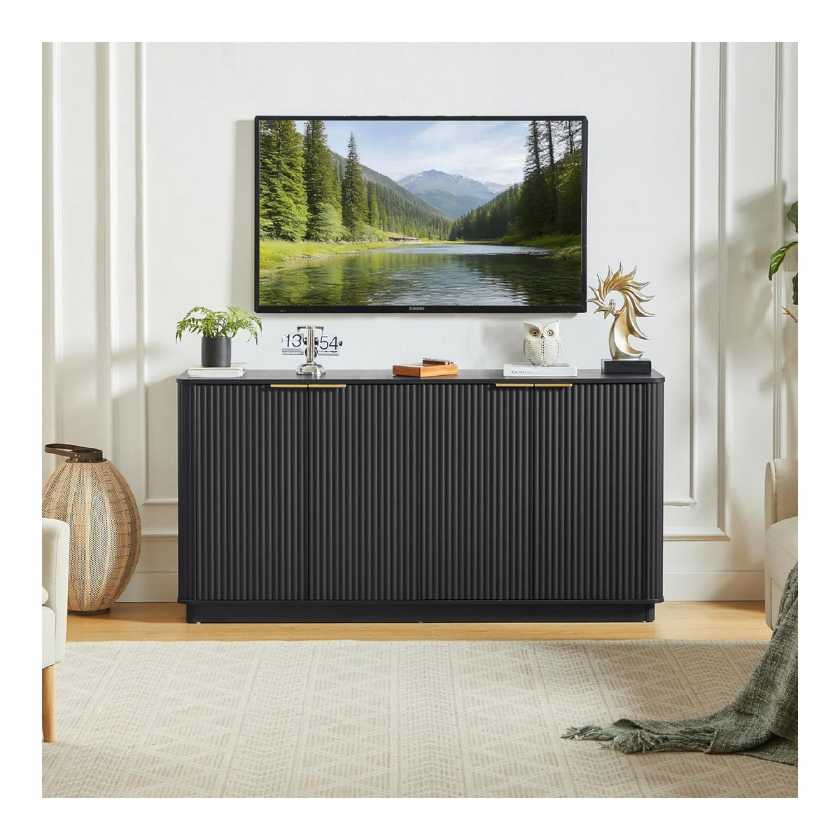 Sideboard 160 cm mit 4 Turen, Wellenfront & Stauraum, Schwarz