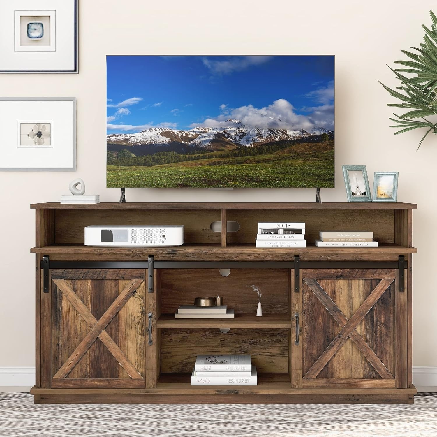 TV-Lowboard im Landhausstil mit 2 Schiebet¨¹ren, verstellbaren Einlegeb?den und Stauraum f¨¹r Fernseher bis 65 Zoll, 148 ¡Á