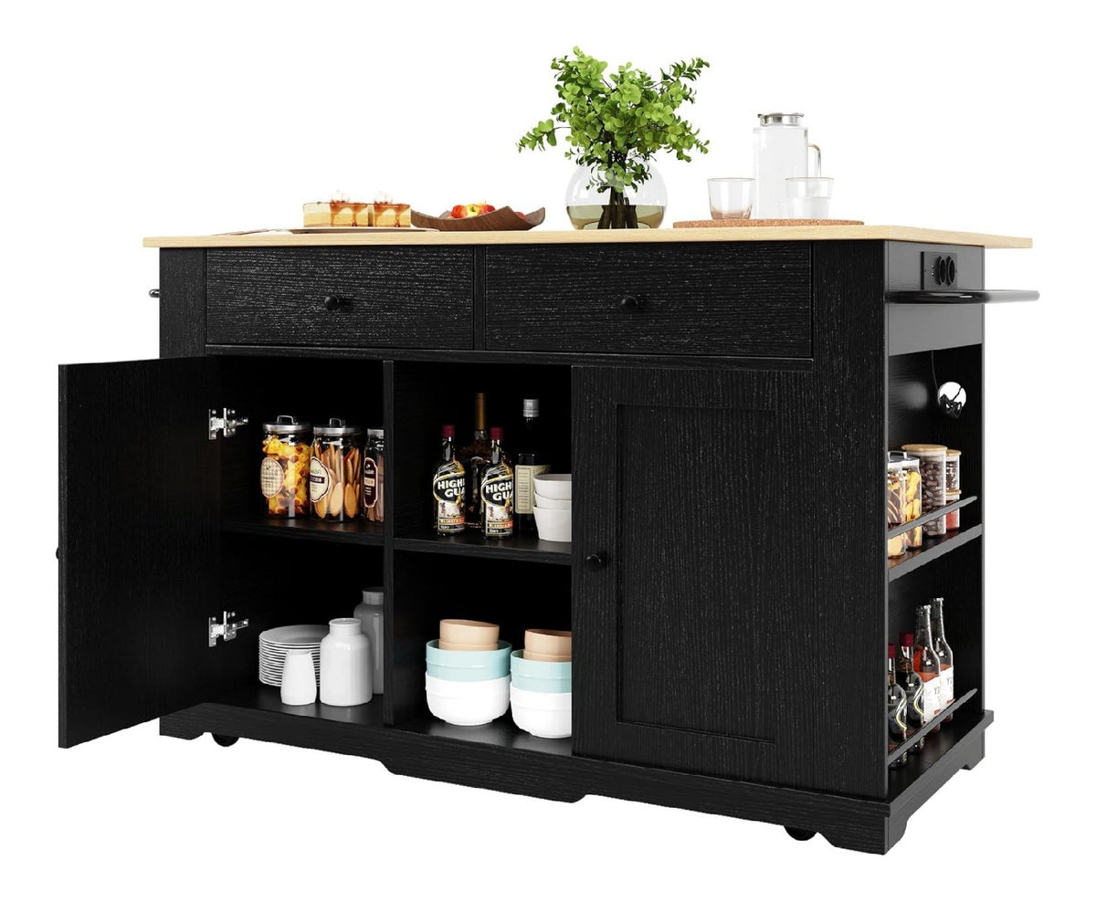 Kuchenwagen mit Klappbarer Arbeitsplatte, Kucheninsel Kuchenschrank auf Rollen, Servierwagen mit 2 Schublade, 3 Schrank, und Gewurzregal, Mobiler Speisewagen fur Kuche und Esszimmer, Schwarz