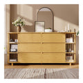 Sideboard Kommode, mit Saulen und Bambus-Regalen,6 Schubladen & Offene Regale,fur Kuche Wohnzimmer Esszimmer,160x40x75cm, Eiche