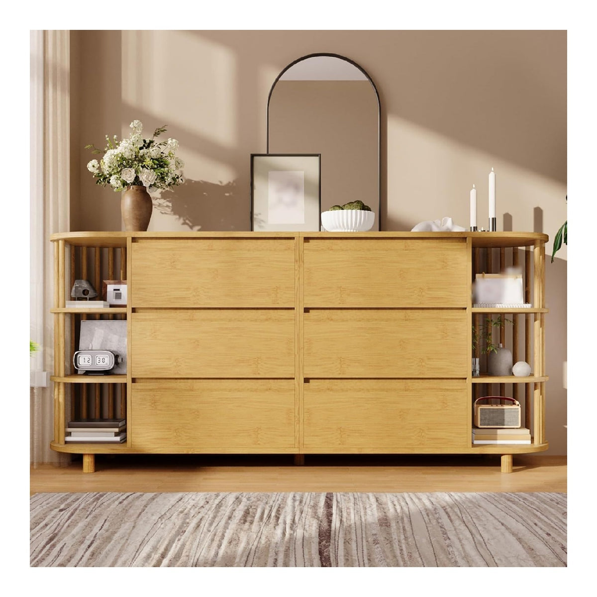 Sideboard Kommode, mit Saulen und Bambus-Regalen,6 Schubladen & Offene Regale,fur Kuche Wohnzimmer Esszimmer,160x40x75cm, Eiche