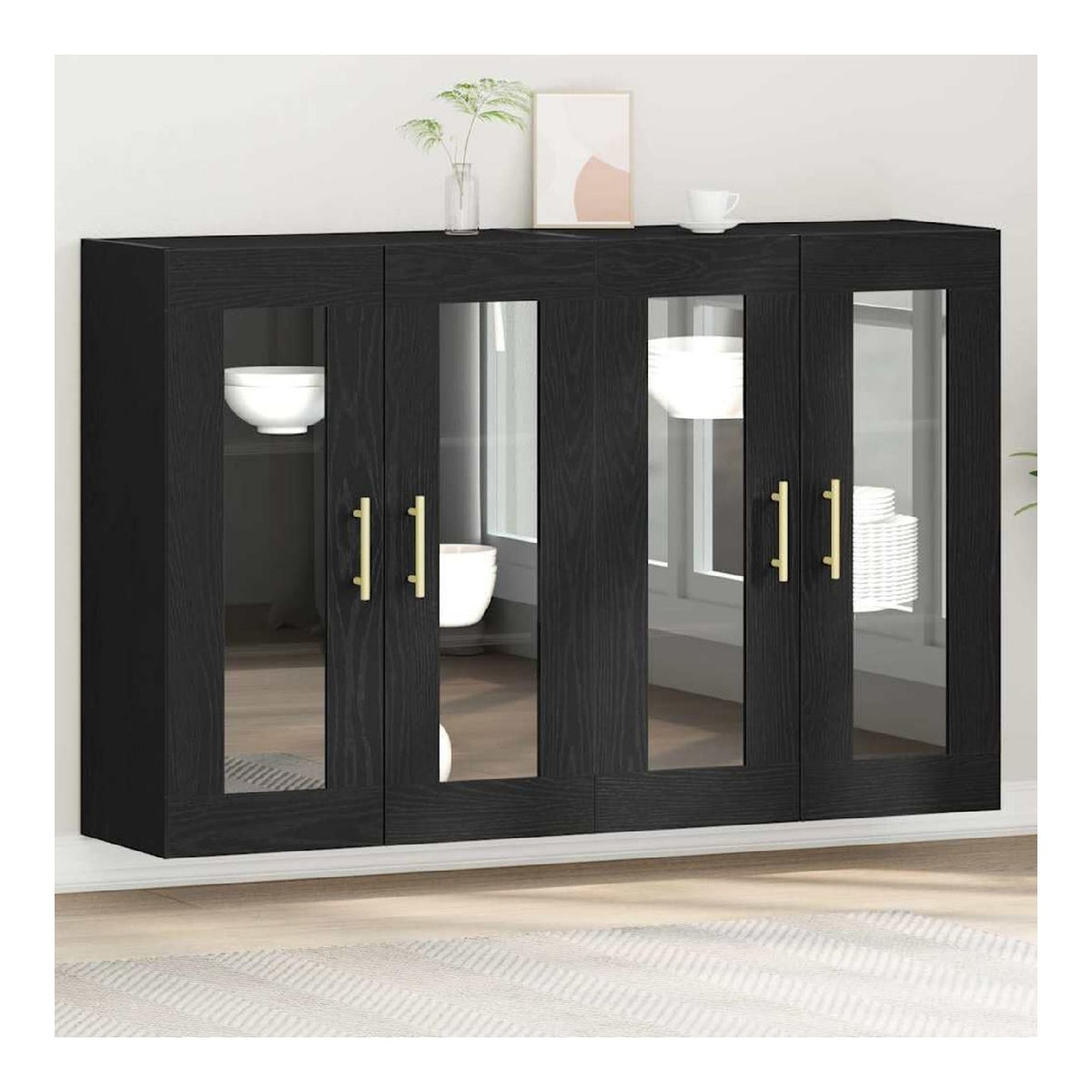 Wandschranke 2 Stuck Schwarz Eichen-Optik Holzwerkstoff 69,5 x 34 x 90 cm mit Glasturen und Regalen, modernes Sideboard Buffet Cabinet fur Wohnzimmer und Esszimmer Stauraum