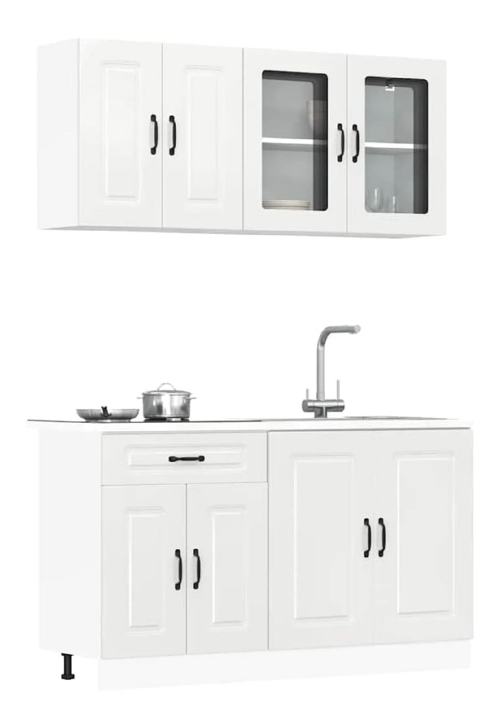 4-TLG. Kuchenmobel Set Kalmar Hochglanz-Wei Holzwerkstoff mit Stauraum, Unterschranke, Hangeschrank, Vitrine fur Kuche, Speisekammer, Esszimmer, Arbeitsplatte, Mikrowelle, Sideboard