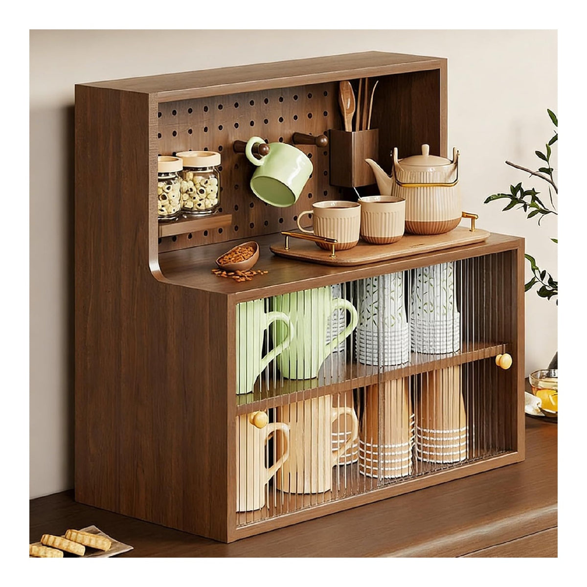 Kleines Sideboard Kuche Mit Lochwand Und Haken, Buffet Schrank Kuche, Kuchenschrank Mit Schiebeturen, Kompakter Aufbewahrungsschrank Fur Gewurzglaser, Bucherregal Fur Buro,Walnut,D