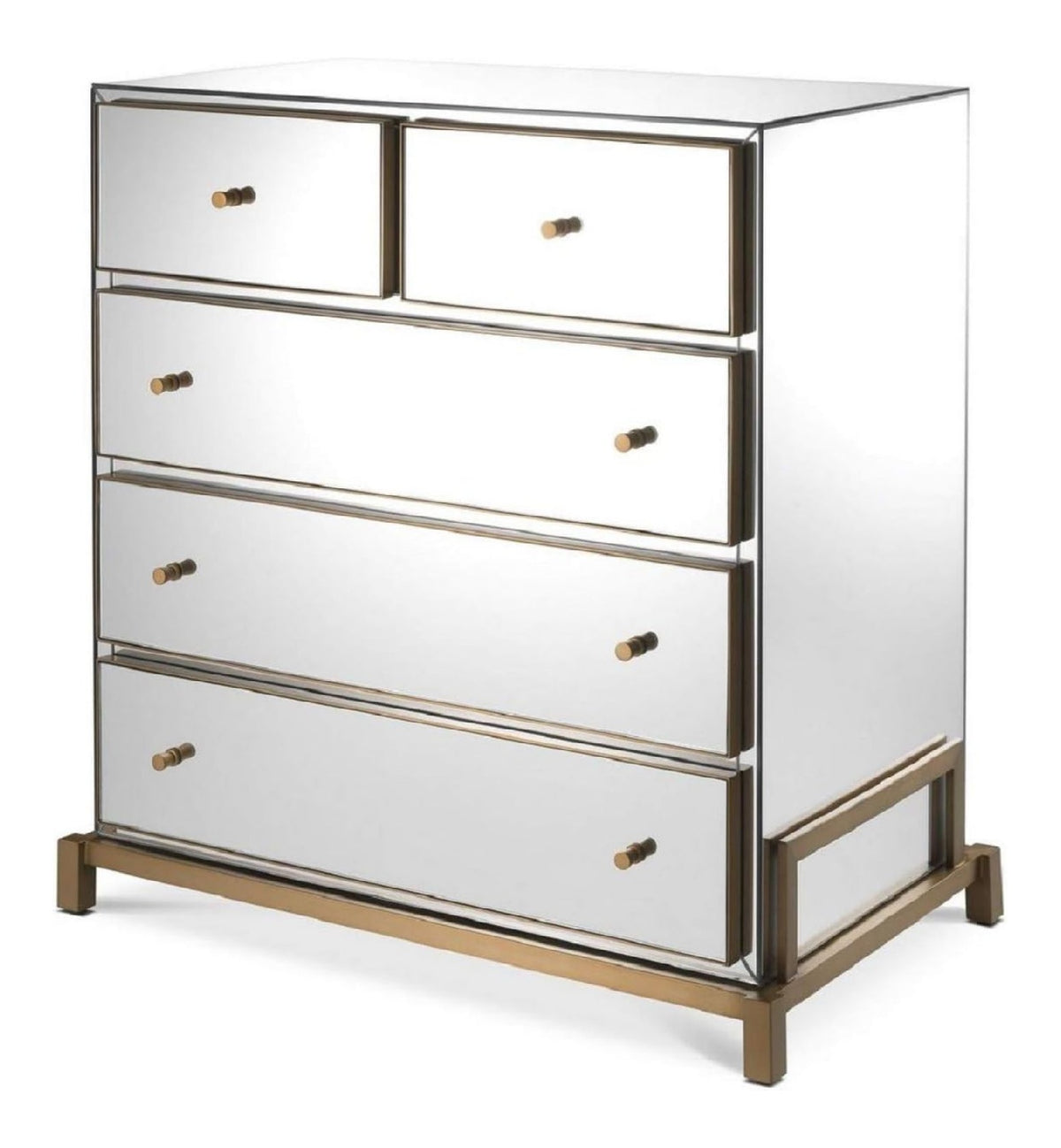 Luxus Spiegelglas Kommode mit 5 Schubladen Messingfarben 88,5 x 52 x H. 87,5 cm - Verspiegelter Schlafzimmer Schrank - Schlafzimmer Mobel