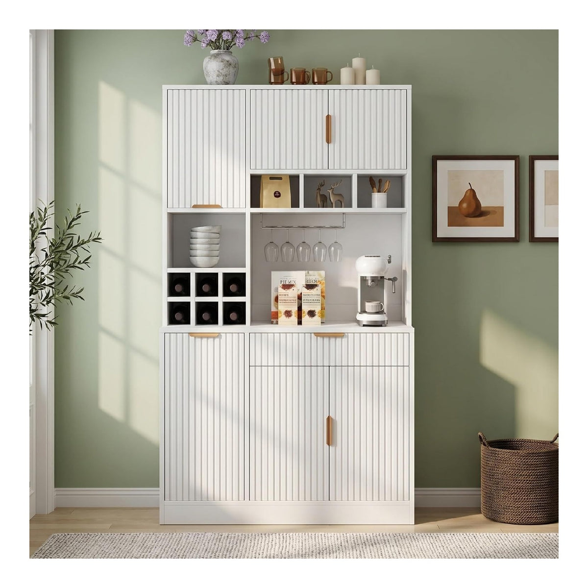 Buffetschranke, Esszimmer-Hochschrank 100 x 40 x 175 cm, integrierter Steckdose sowie USB-C- und USB-A-Anschlussen,Inklusive Weinglasablage und Flaschenaufbewahrung, Wei