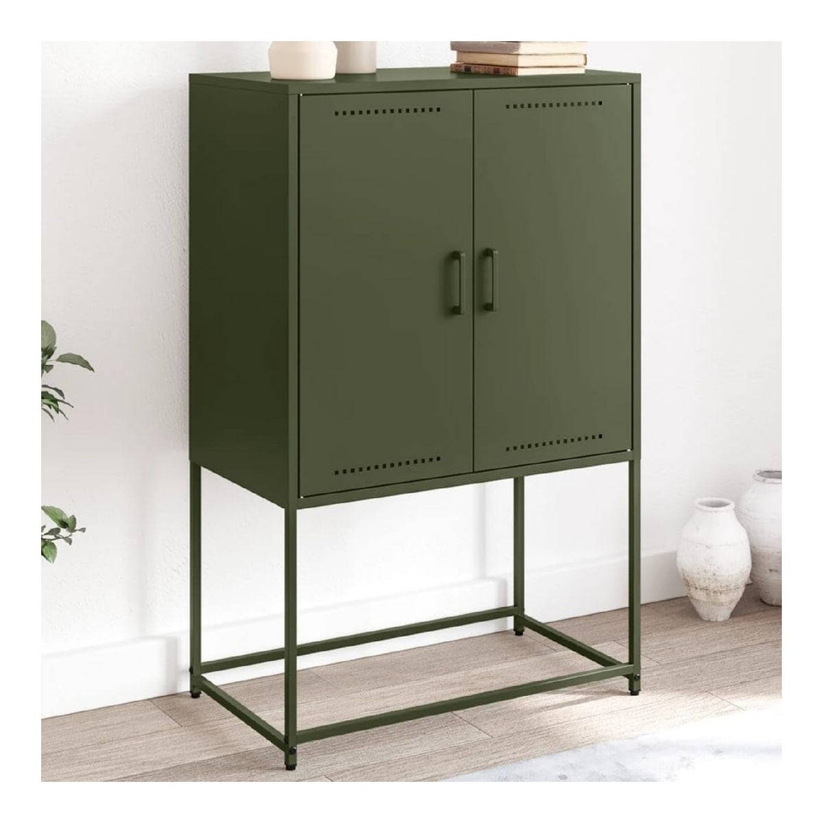 Olivgrunes Highboard, 68,5x38,5x107 cm, Robustes Stahl Sideboard mit 4 Fachern, Industrie-Stil Buffet Cabinet fur Wohnzimmer, Schlafzimmer, praktischer Stauraum