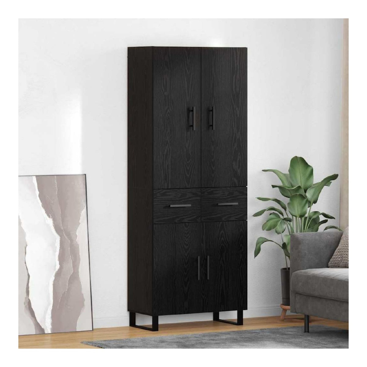 Hochwertiges Sideboard 2er Set Schwarz Eichen-Optik 69,5 x 34 x 180 cm mit Schubladen und Turen, moderner Kommodenschrank fur Wohnzimmer, Flur und Kuche, stabile Holzwerkstoff-Konstruktion