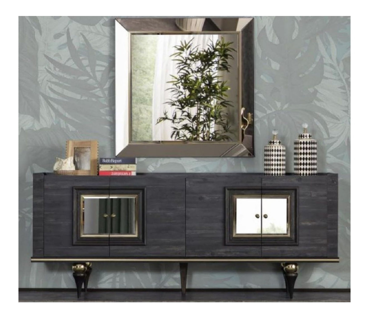 Luxus Art Deco Sideboard Grau/Schwarz/Messingfarben 210 x 44 x H. 86 cm - Edler Schrank mit 4 Turen - Art Deco Mobel