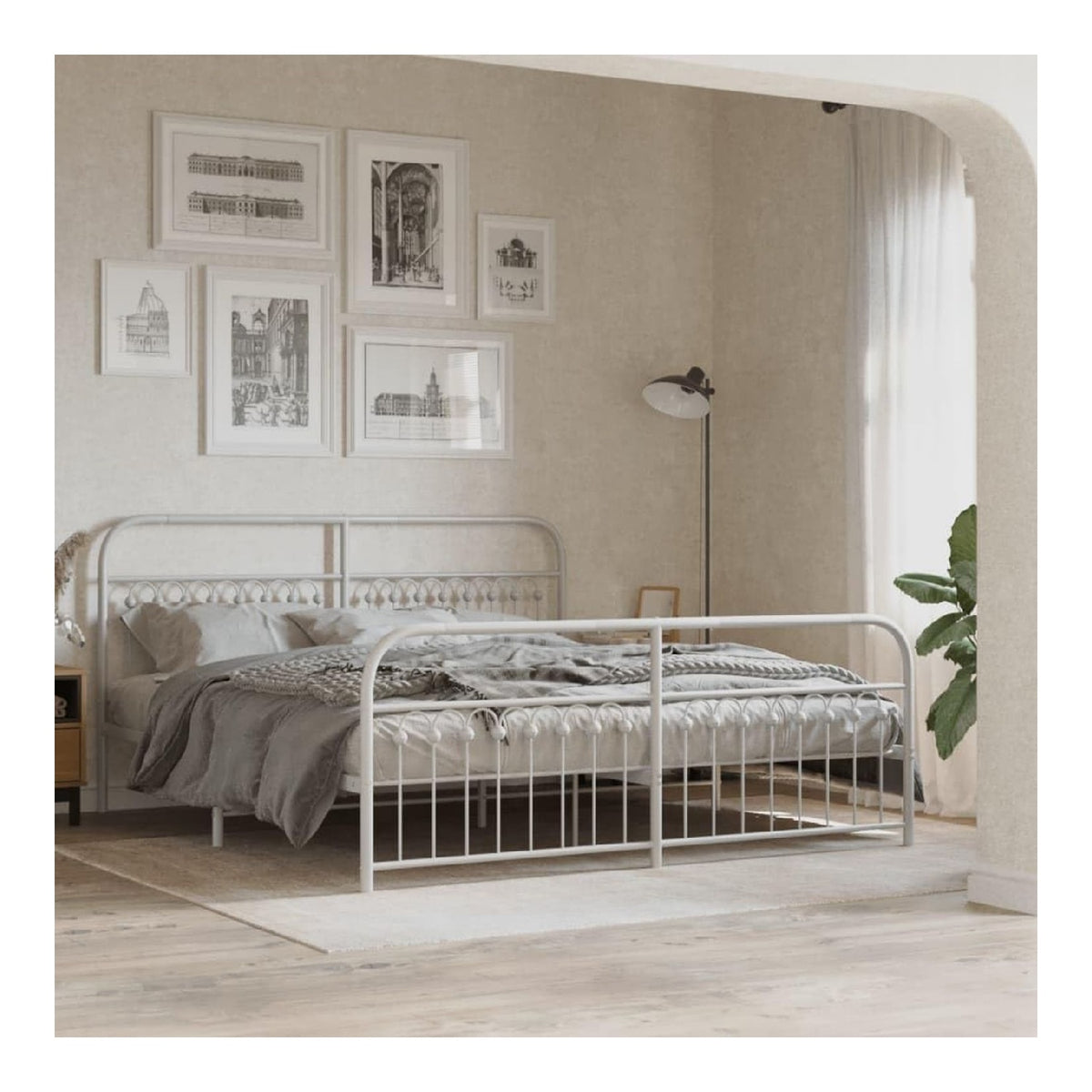 Bettgestell Metall Wei 183x213 cm, mit Kopf- und Fu teil, Robustes Schlafzimmer-Mobel, extra Stauraum, Stabiler Lattenrost