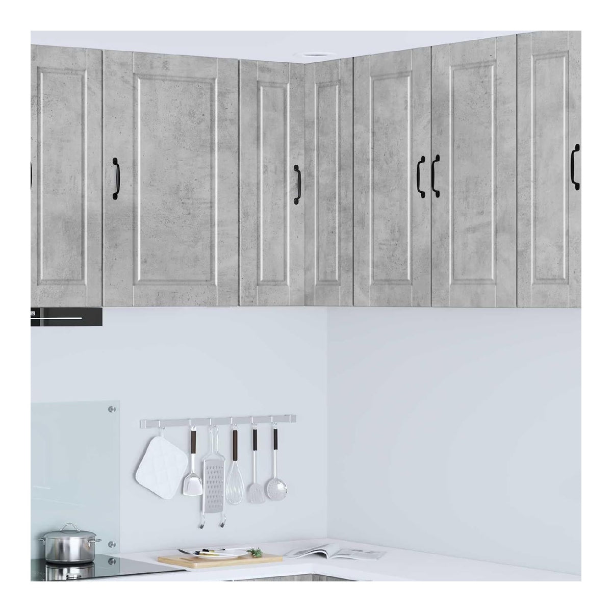 Wand-Eckschrank Porto Beton Grau 57 x 57 x 80 cm Holzwerkstoff modernes Design eleganter Stauraum mit Regalen und Turen fur Kuchen, Wohnzimmer, Esszimmer, Speisekammer