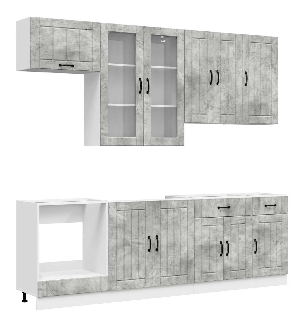 Kuchenzeile 8-teilig, Betongrau, Holzwerkstoff, mit Hangeschranken und Unterschranken, Hohenverstellbare Fu e, Wandmontage