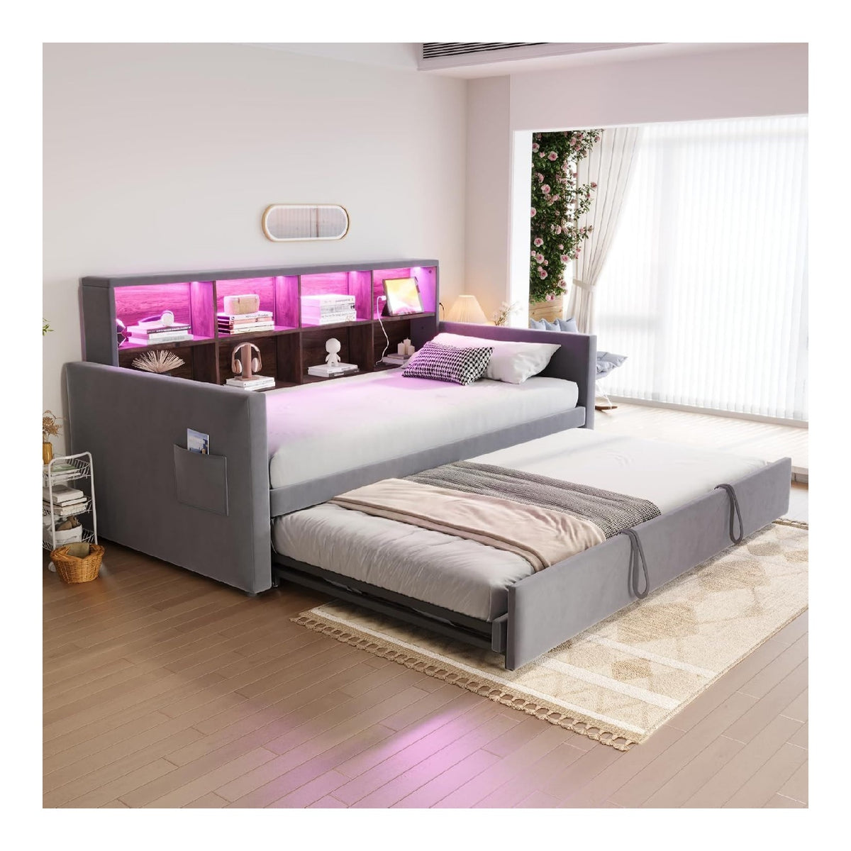 Polsterbett, ausziehbar, 90 x 190 cm, Schlafsofa mit ausziehbarem Ausziehbett, Kopfteil mit Stauraum, LED und USB-Steckdosen, Typ C, aus Samt, Lattenrost, Grau (ohne Matratze)