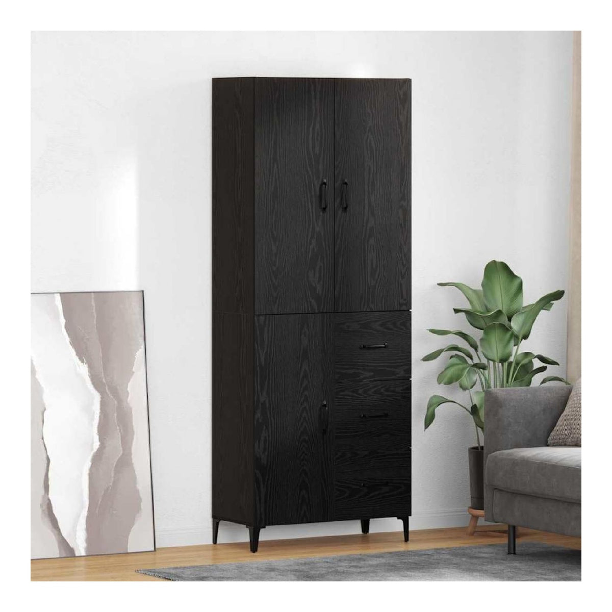 Highboard Schwarz Eichen-Optik 69,5 x 34 x 180 cm Holzwerkstoff mit Schublade und Turen, modernes Sideboard mit viel Stauraum fur Wohnzimmer, Esszimmer, Buro, Kuche
