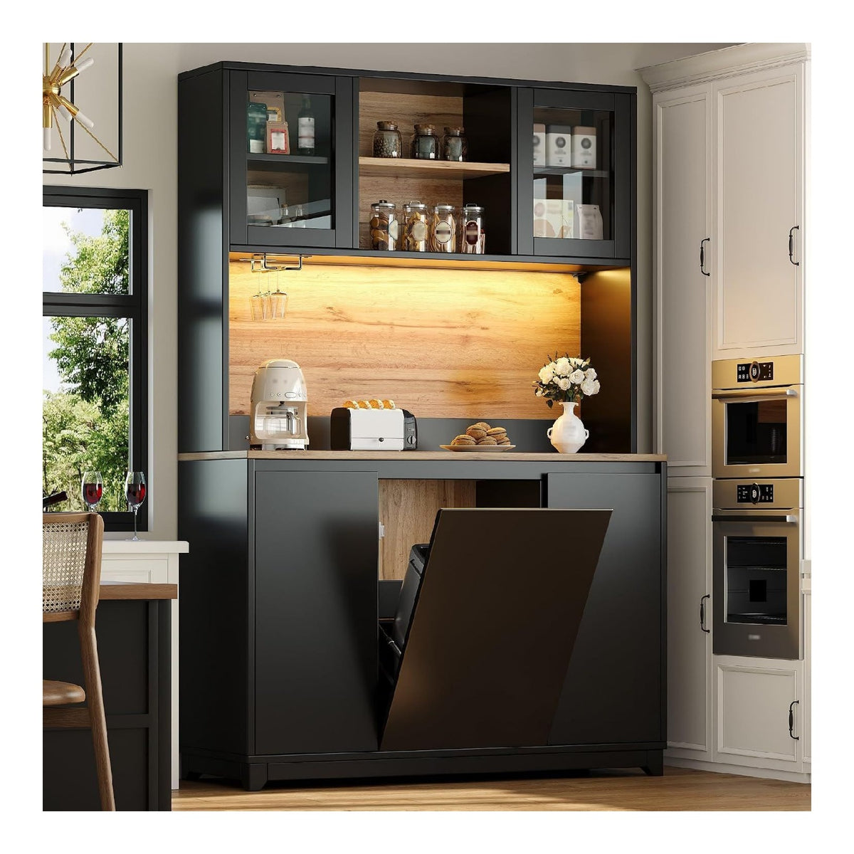 Kuchenschrank mit Mulleimer Schrank und LED-Beleuchtung, Schwarz