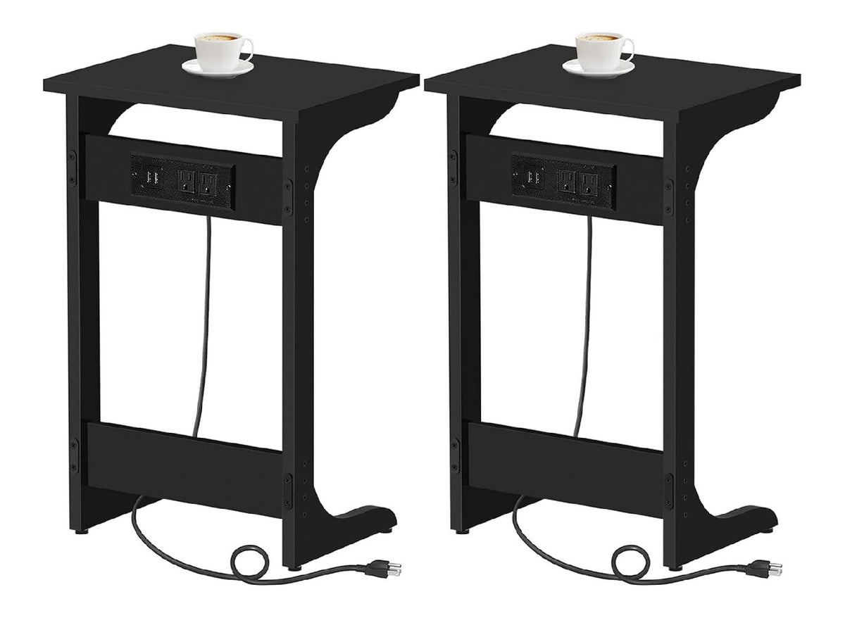 C-formiger Beistelltisch mit Ladestation, 2er-Set, Couchtisch, TV-Tablett, Tisch mit 2 USB-Anschlussen und Steckdosen, Sofa-Beistelltisch fur kleine Raume, Wohnzimmer, Schlafzimmer TB01BK0442