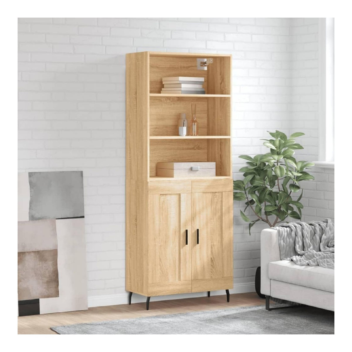 Highboard Sonoma-Eiche Holzwerkstoff 69,5x34x180 cm mit Metallfu en, Sideboard Buffet Cabinet mit Stauraum fur Wohnzimmer und Esszimmer