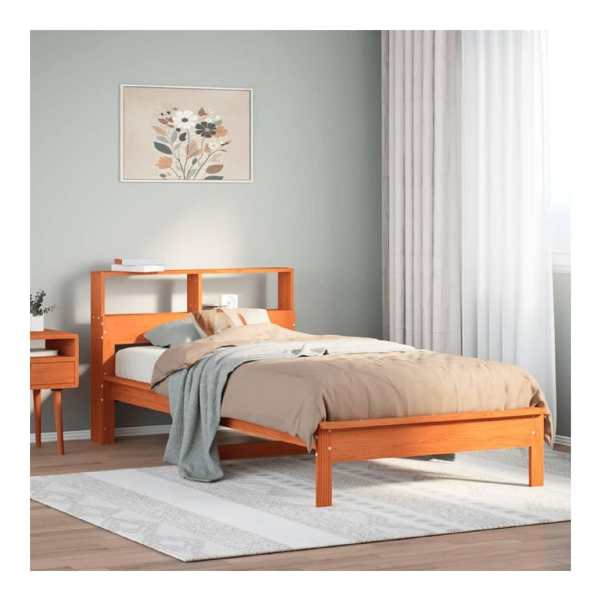 Massivholzbett mit Regal, wachsbraun, 90x190 cm, Kiefernholz, Stabiler Lattenrost, platzsparendes Schlafzimmermobel mit Stauraum