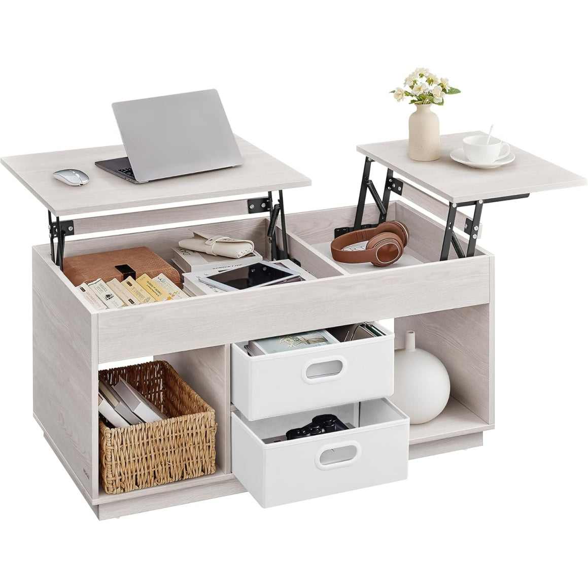 H?henverstellbarer Couchtisch mit 2 Schubladen, offenen F?chern und verstecktem Stauraum,
