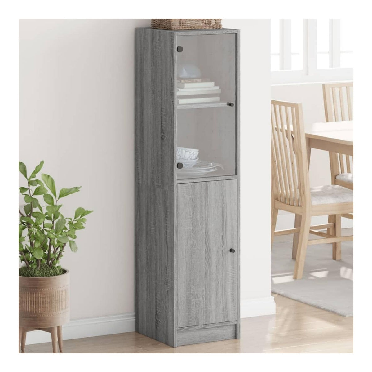 Highboard mit Glastur Grau Sonoma Holzwerkstoff 35x37x142 cm Kommode Sideboard Wohnzimmer Schrank mit viel Stauraum und Stabiler Verarbeitung