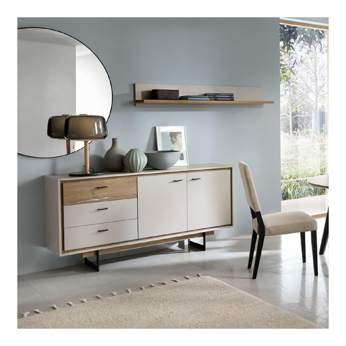 Wohnzimmer Esszimmer Set modern grau Eiche, mit Sideboard und Wandregal