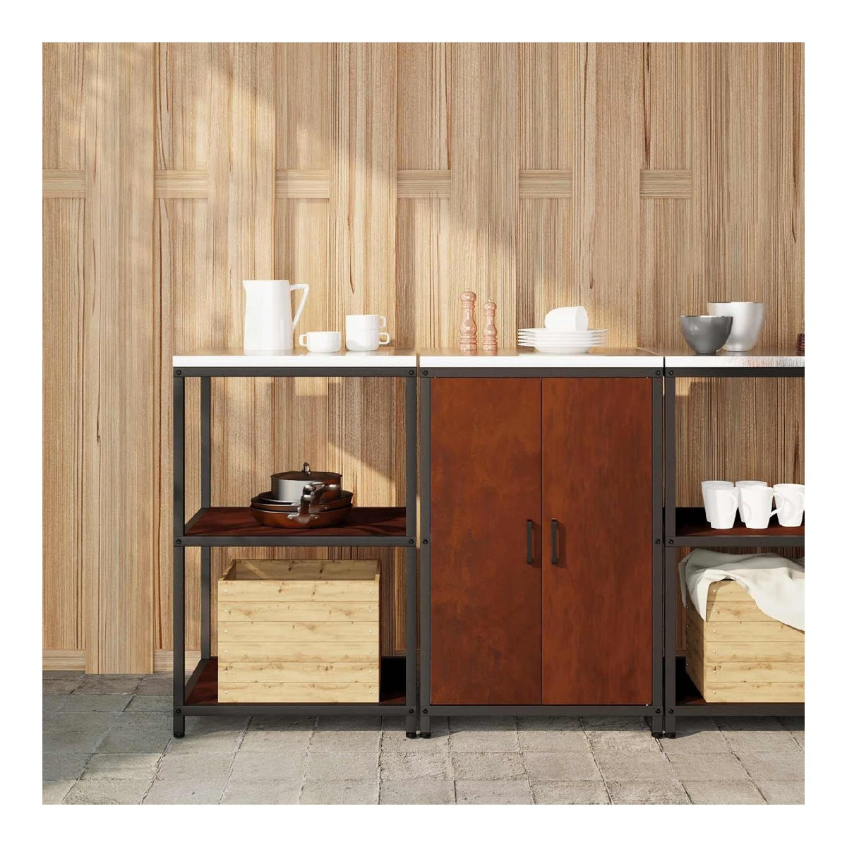 Aufbewahrungsset fur die Kuche HATTEM 2 Stuck Rostiger Stahl mit 4 Regalen, 2 Turen, wetterfest fur Au en- und Innenbereiche, praktische Stauraumlosung fur Kuchenschrank, Sideboard, Vitrine