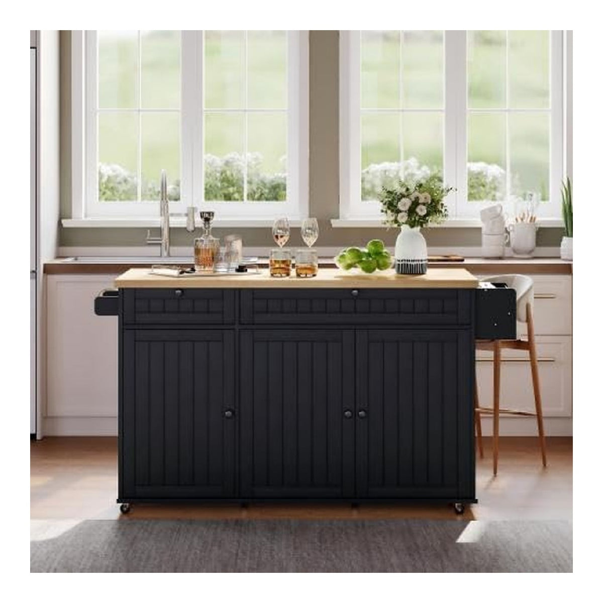 Kucheninsel mit Klappbarer Arbeitsplatte - Kuchenschrank auf 6 Feststellbaren Rollen, 2 Schubladen, Turregal, Schwarz, 137 x 89,5 x 45 cm, Modernes Design fur Kuche & Esszimmer