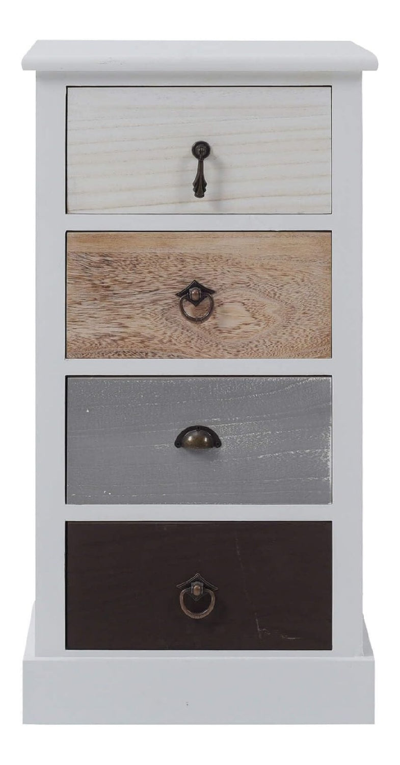 Schubladenkommode in Wei Schwarz Beige, Nachttisch mit 4 Schubladen, Paulownienholz, im Shabby-Stil, Schlafzimmer Bad Wohnzimmer - Ma e: 69 x 37 x 27 cm (HxLxB) - Art. RE4310