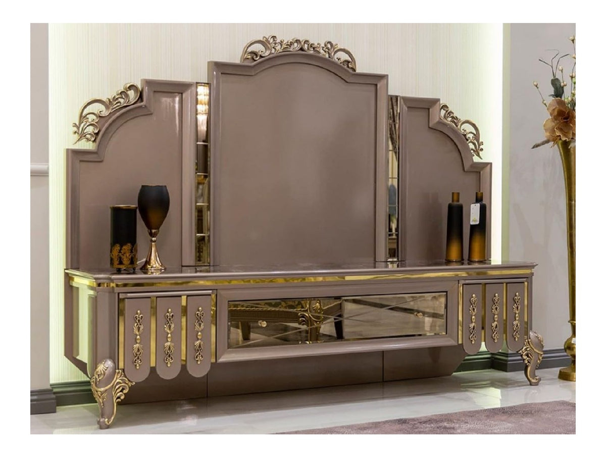 Luxus Barock TV Schrank Schwarz/Grau/Gold 214 x 52 x H. 164 cm - Massivholz Schrank - Wohnzimmerschrank - Edel & Prunkvoll