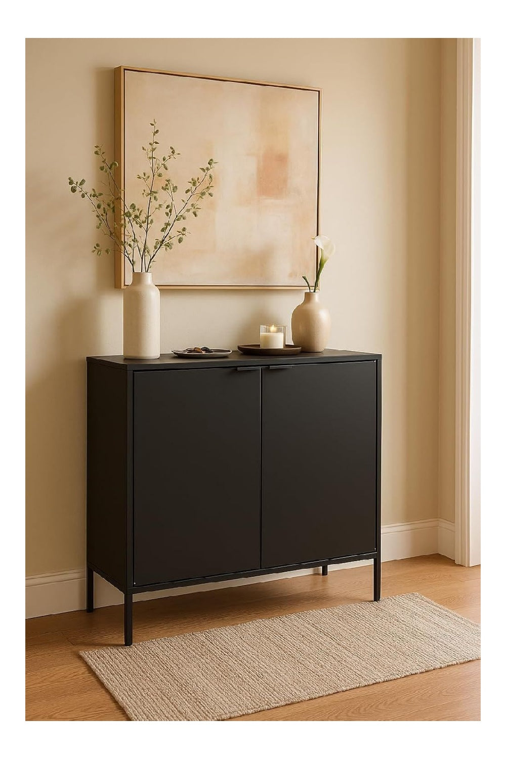 Moderner Schrank mit Turen - Sideboard und Buffet fur Kuche, Wohnzimmer, Esszimmer, Eingangsbereich, Waschkuche - Stahlakzentschrank mit Regalen & Pulverbeschichtung (Schwarz)