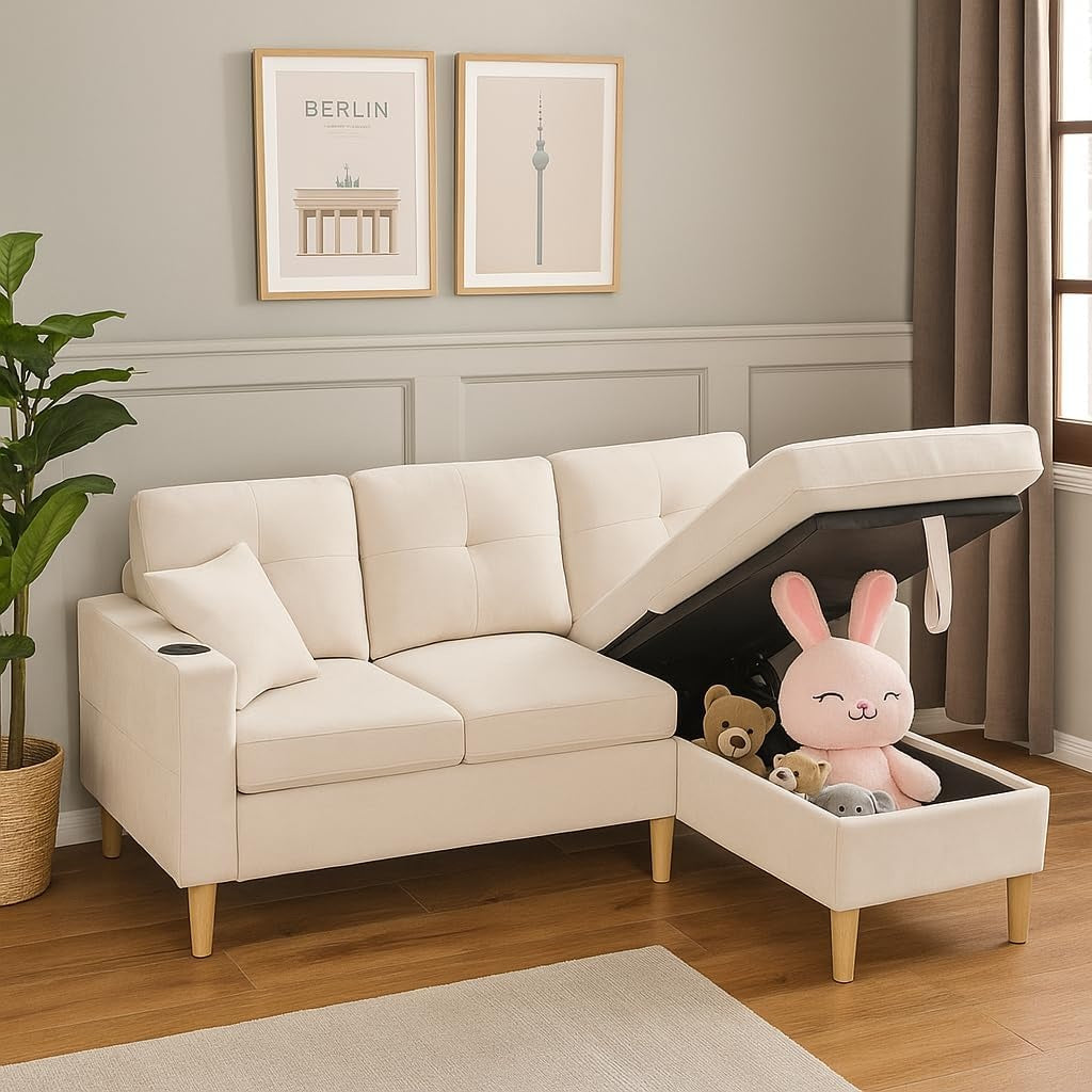 Ecksofa mit Schlaffunktion, Bettkasten, Stauraum, Getr?nkehalter und Sei