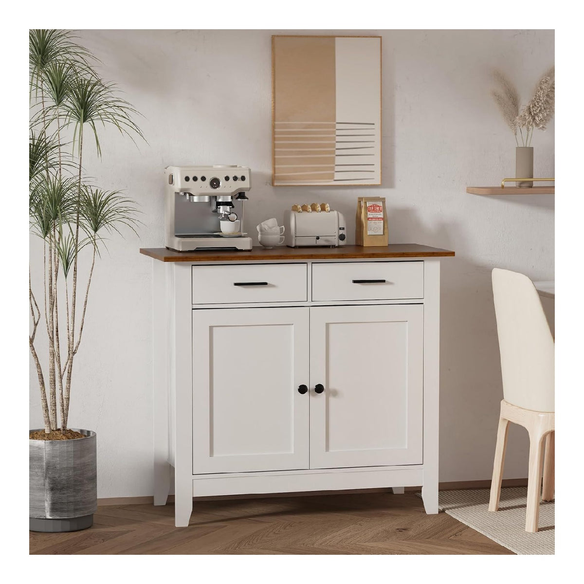 Sideboard mit Holzplatte, Kommode mit 2 Schubladen und 2 Turen, Kuchenschrank Kaffeebar mit Verstellbarer Ablage, Anrichte fur Esszimmer Wohnzimmer Flur, 91x40x82 cm, Wei
