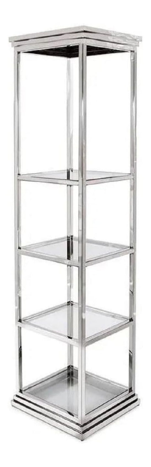 Metall Regalschrank mit Glasregalen Silber 50 x 45 x H. 190 cm - Wohnzimmer Schrank - Wohnzimmer Mobel - Metall Mobel - Luxus Mobel