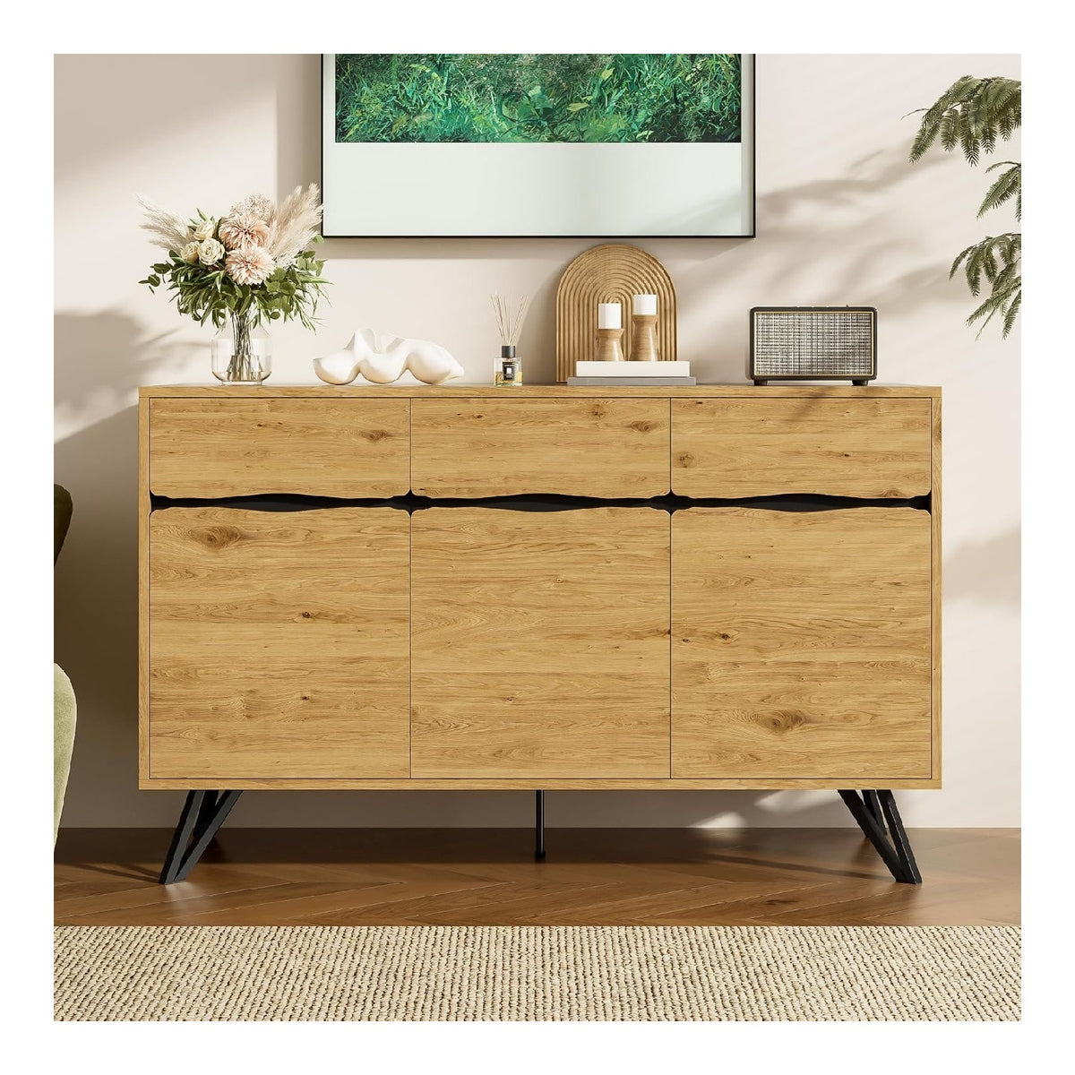 Klein Kommode, 3-Turiges Sideboard in Holzoptik mit Metallbeinen, Schrank fur Wohnzimmer, Esszimmer, Flur geeignet
