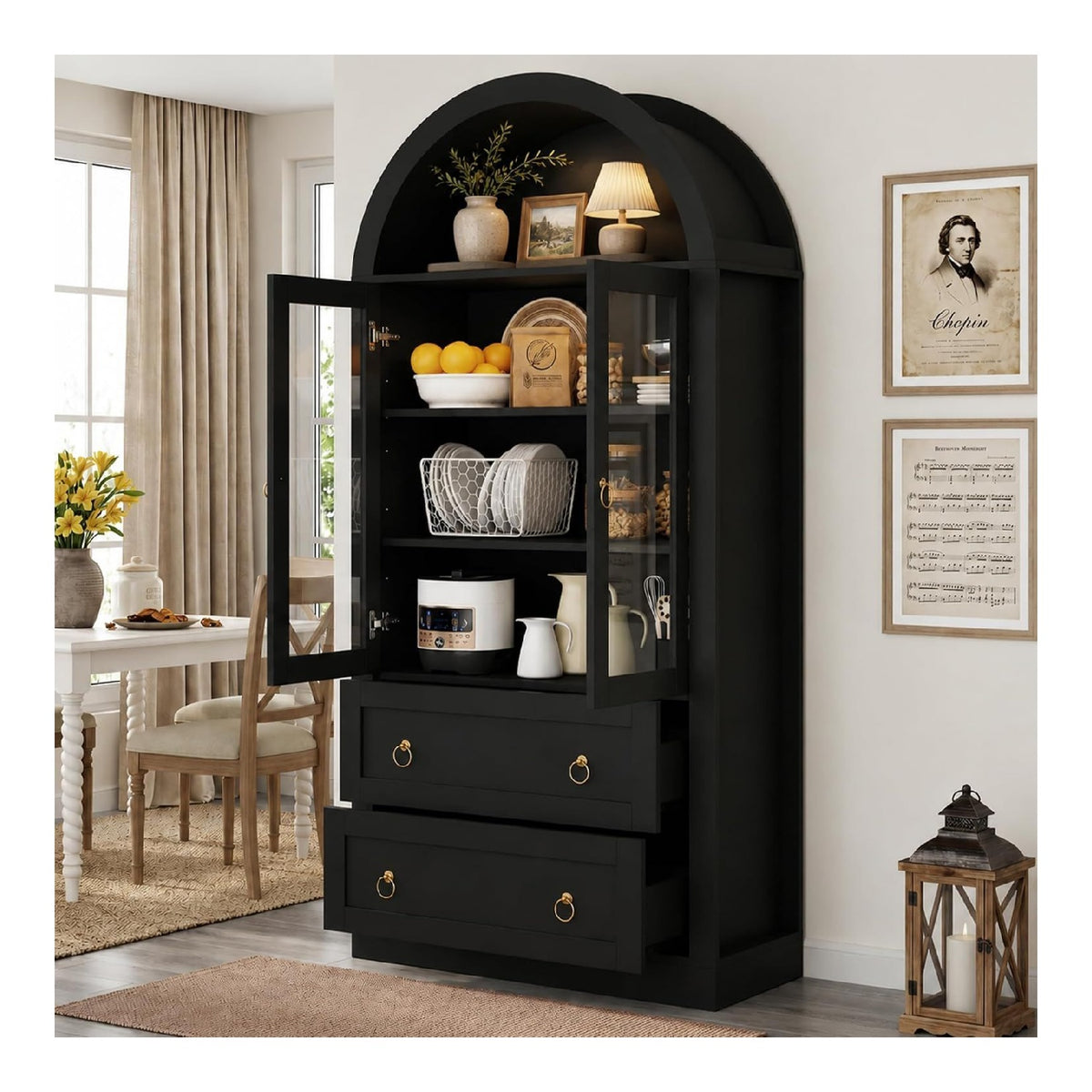 Bogenschrank Mit Glasturen & Schubladen, Aufbewahrungsschrank 80x36x170cm Schwarz Fur Kuche Wohnzimmer