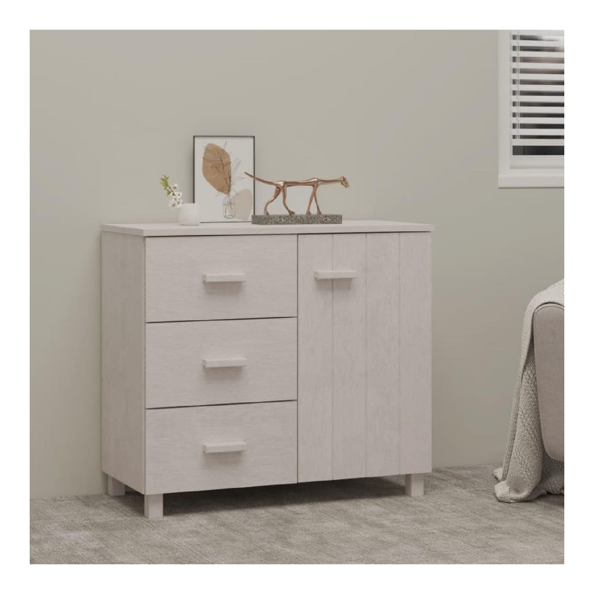 Hamar Sideboard wei , 90 x 40 x 80 cm, massives Kiefernholz, Schubladenschrank mit 1 Tur und 3 ausziehbaren Schubladen, geraumige Aufbewahrung fur tagliche Essentials, robuste Tischplatte