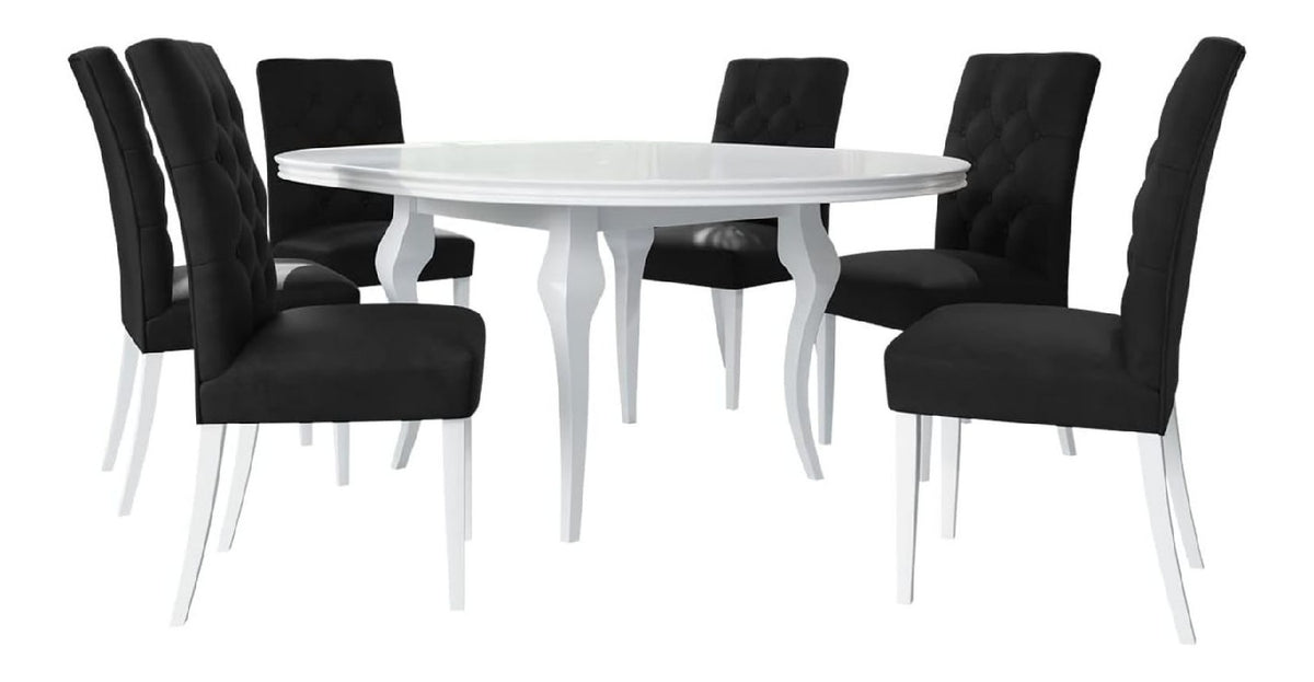 Essgruppe SM06, Runder Ausziehbarer Esstisch und 6 Esszimmerstuhle, Sitzgruppe, Tisch, Esszimmergruppe, Kuchentisch, Farbauswahl (Magic Velvet 2219; wei ; wei Hochglanz; 120 cm)