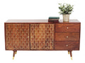 Sideboard Muskat, braun, Kommode, 3 Schuben, 2 Turen, goldene Akzente, handgefertigt, Retro Sideboard, 75x145x45 cm (H/B/T)