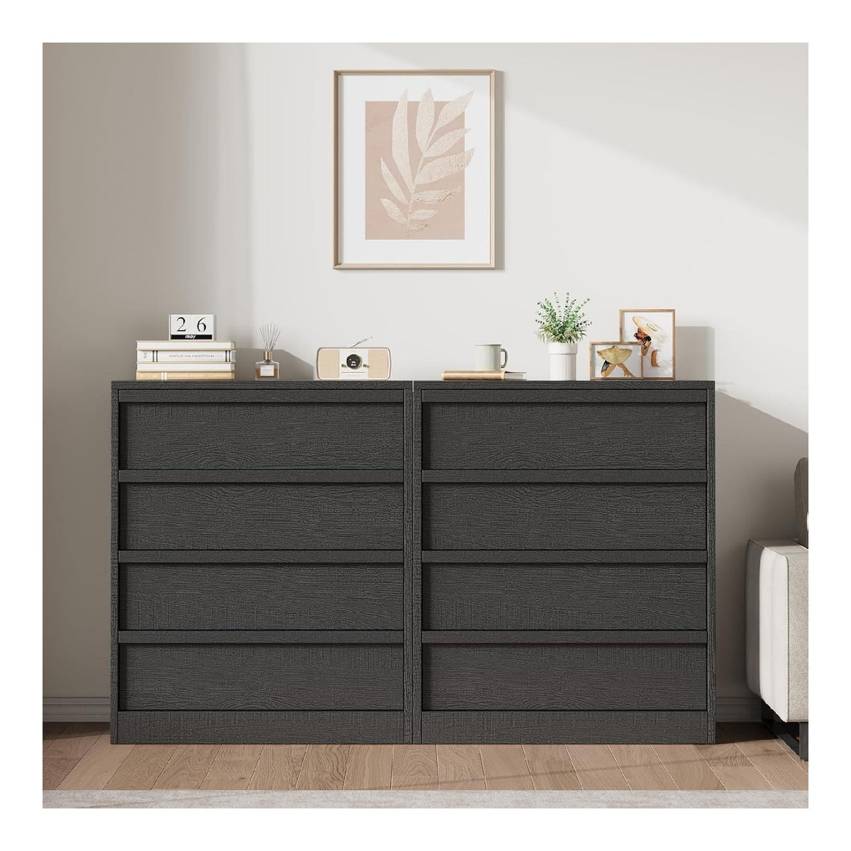 Stilvolle Kommode fur Esszimmer - 4 Schubladen, modernes Design, gro zugiger Stauraum, Anti-Kipp-Schutz, Stabiler Holzschrank - Schwarz Holzoptik, 4-Schubladen-Kommode