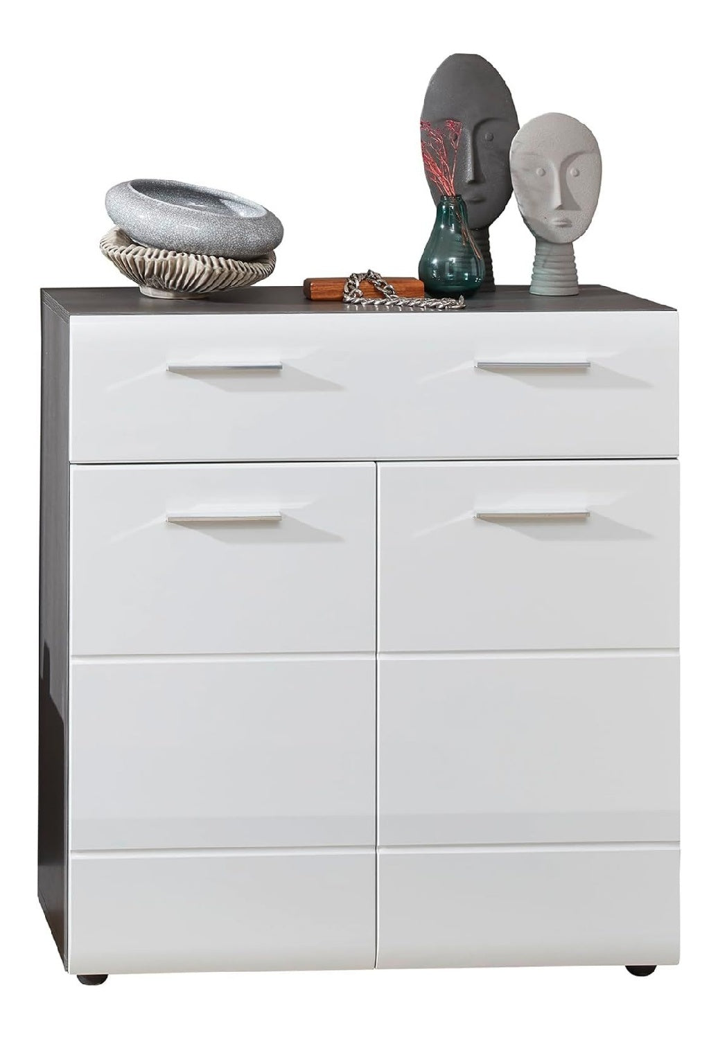smart living - Line - Kommode - Rauchsilber/Wei Hochglanz - Schuhkommode mit Platz fur 12 Schuhpaare - (BxHxT) 80 x 87 x 35 cm - chromglanzende Griffe - Kratzfest