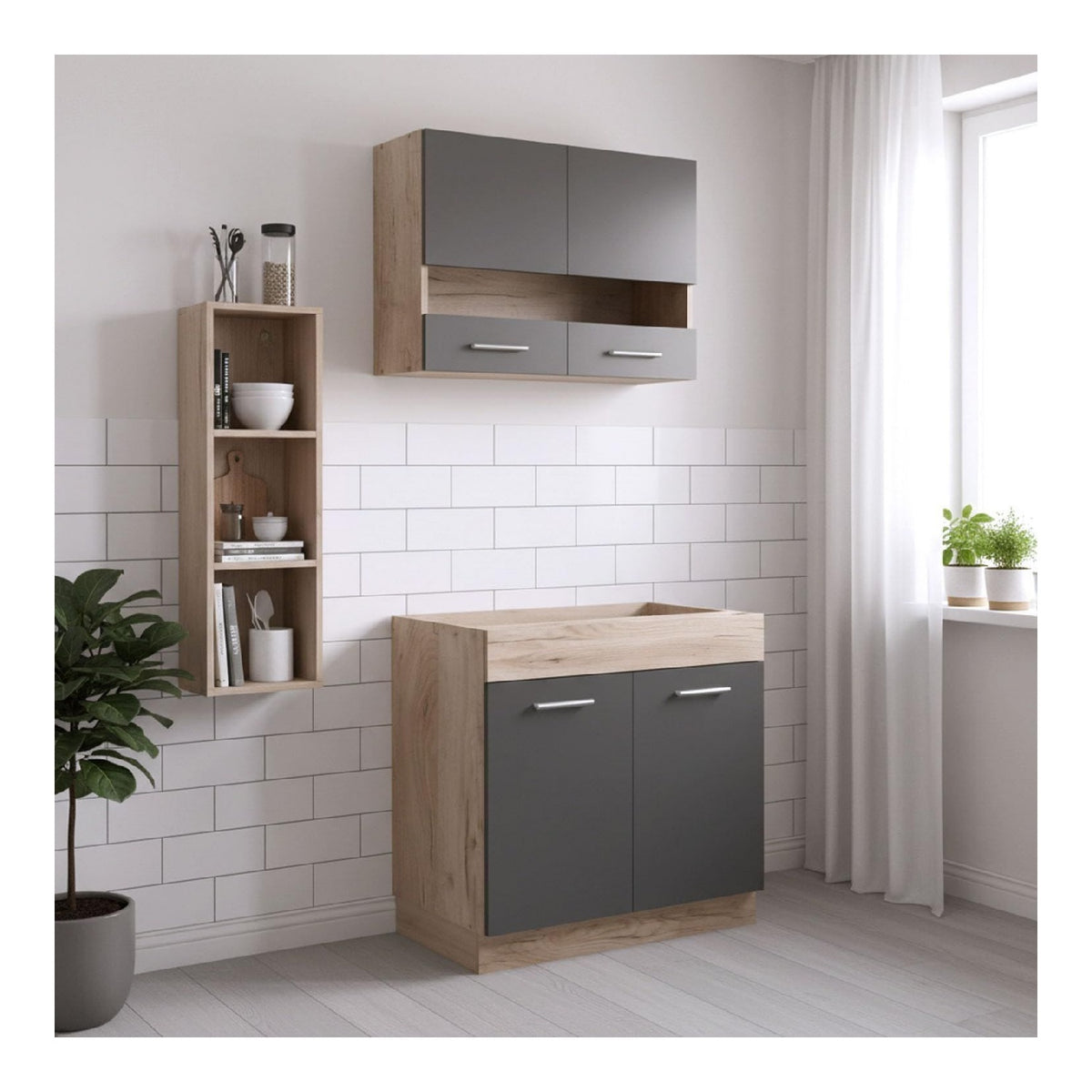 Minikuche Kuchenzeile 80 cm - Grau/Eiche ohne Gerate