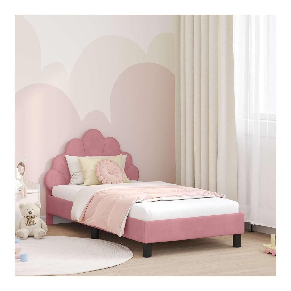 Kinderbettgestell mit Kopfteil, Rosa Samt, 80x160 cm, modernes Design, Robustes Holzwerkstoff-Gestell, niedrige Plattform, Stauraumtaschen, langlebige Schlafzimmer-Mobel