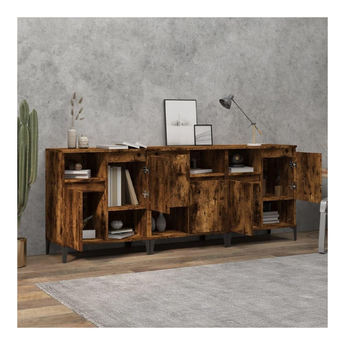 Kuchenschrank 60 x 35 x 70 cm Holz 3 Stuck Buffet fur Wohnzimmer, Eiche Rauch, klassisches Design, Sideboard, mobiler Eingang fur Esszimmer