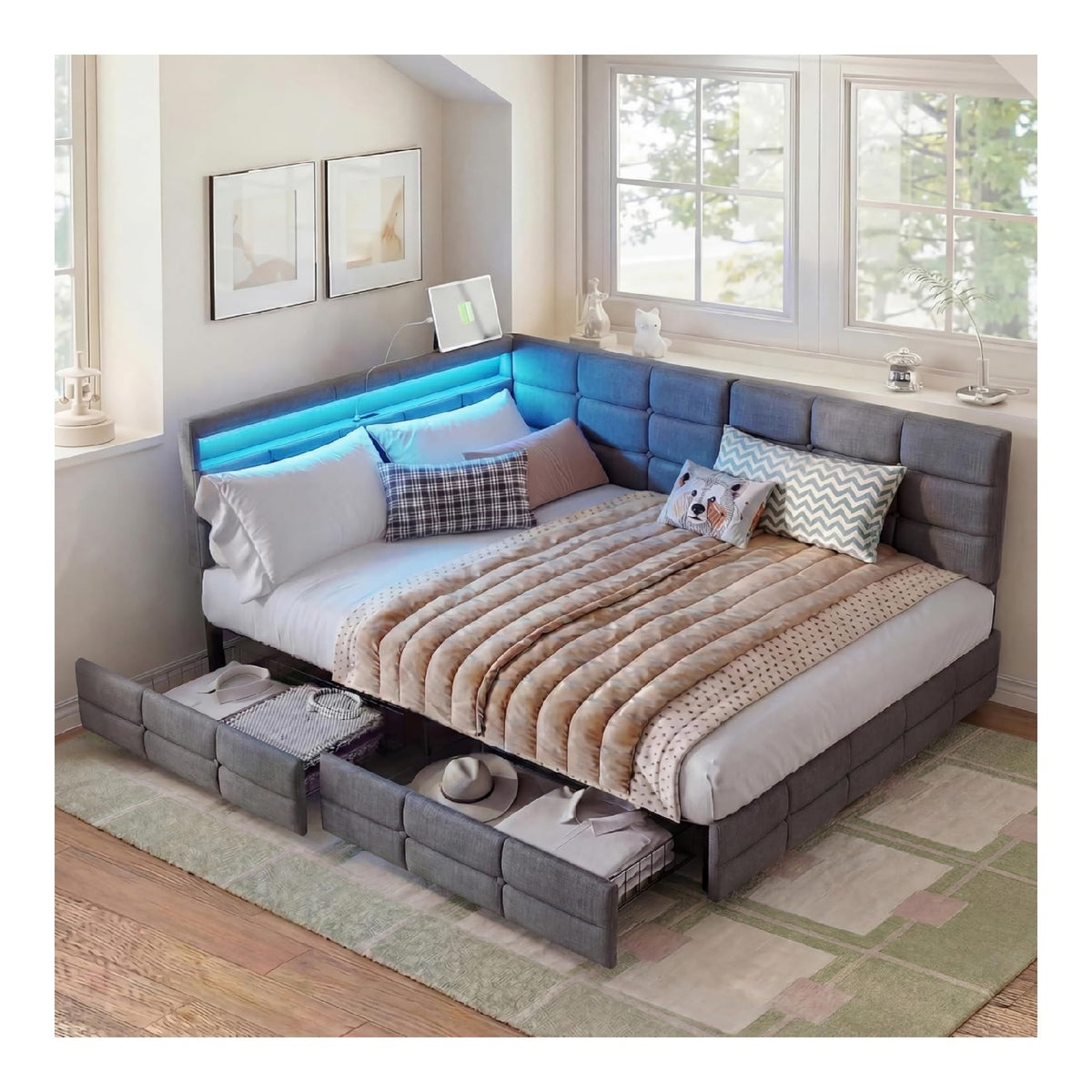 DADEA Polsterbett Schlafsofa 140x200 mit 2 Schubladen, Jugendbett 140x200 mit Beleuchtung, Doppelbett mit Stauraum Tagesbett Stauraumbett mit Lattenrost aus Holz Erwachsenenbett, Ohne Matratze
