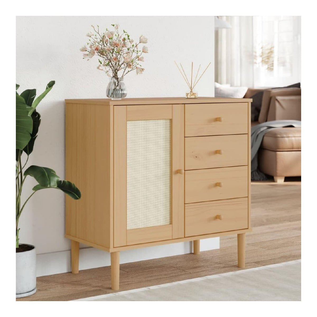 AUVYI Sideboard Rattan-Optik Braun 80x40x80 cm Kiefernholz Aktenschrank Bucherregal TV Board Badezimmerschrank Lowboard Wohnzimmer Wascheschrank Kuchenschrank Schuhregal Schmal