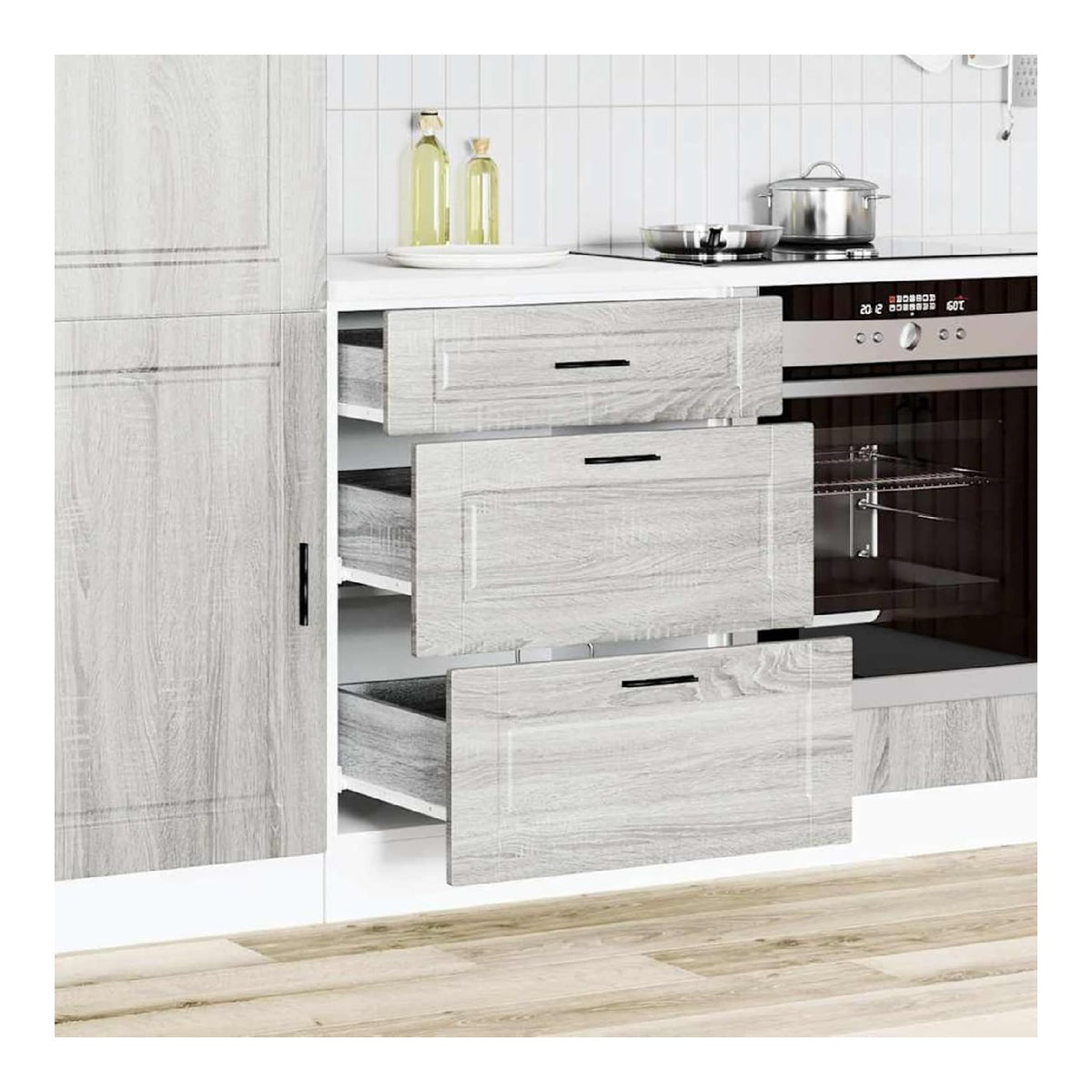 Kuchenunterschrank Porto, Grau Sonoma, 60 x 46 x 81,5 cm, Holzwerkstoff mit verstellbaren Fu en & gro er Schublade (50 kg Traglast), fur Spule/Arbeitsplatte - Zusammenbau erforderlich