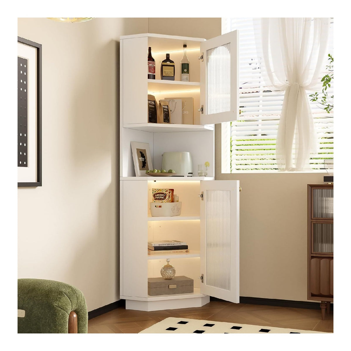 Eckschrank mit LED-Lichtleiste - Aufbewahrungsschrank 45x45x166,5 cm, wei - Kommode wei mit offenem Fach & Glastur - Flur kommode fur Bad, Wohnzimmer, Kuche - verstellbare Boden, Kippschutz